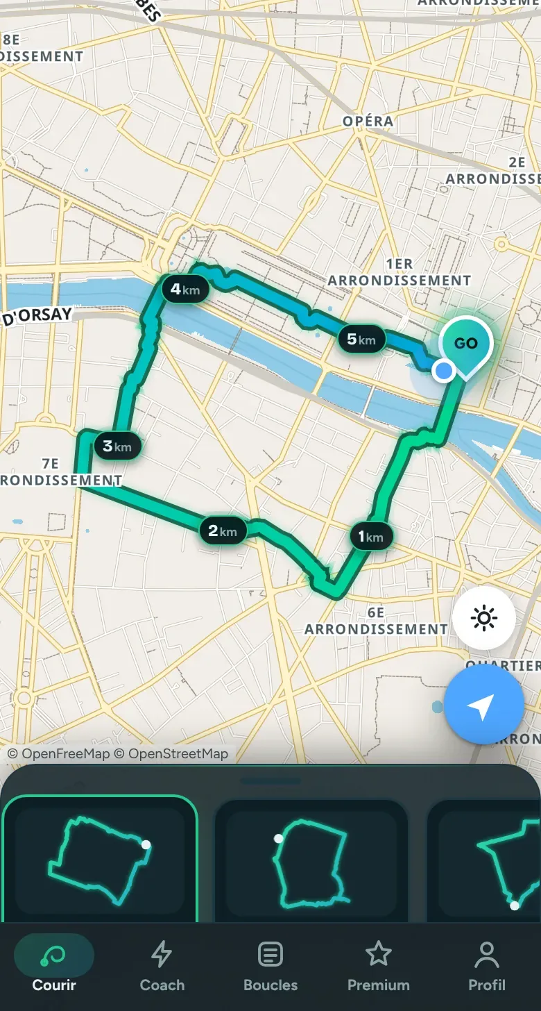 Une boucle d'environ 5 km proposée par Traceo dans le centre de Paris, avec d'autres boucles au choix en bas de l'écran